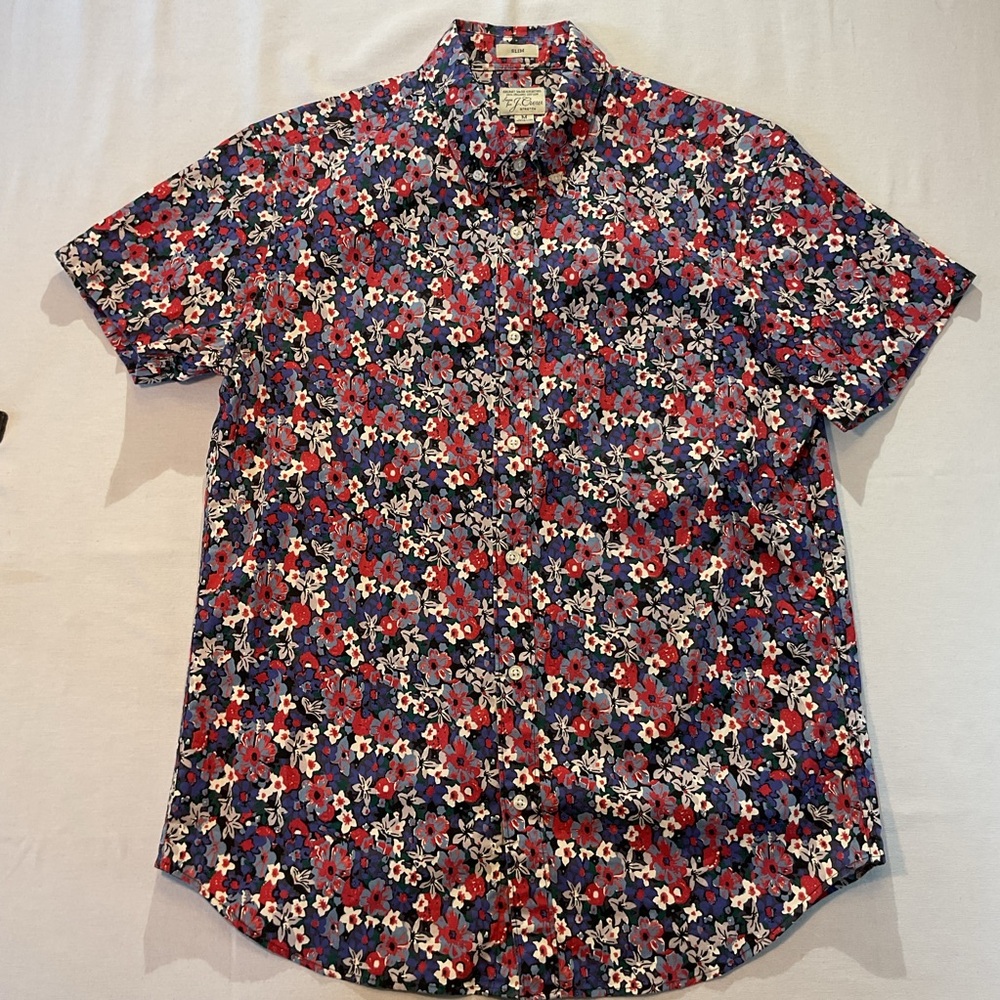 J.‎ Crew Mens Blue/Red/White/Black Floral Pattern Short Sleeve Button Up Size M